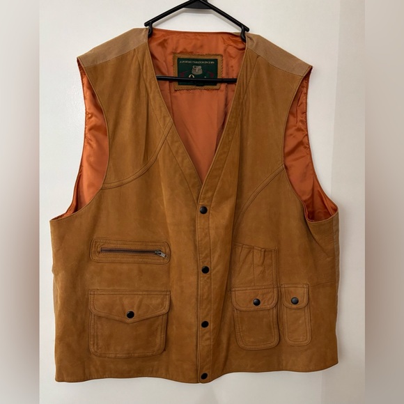 ORVIS Mens Tan Leather Hunting Vest Size XL Sportsman Safari Fishing Hunting